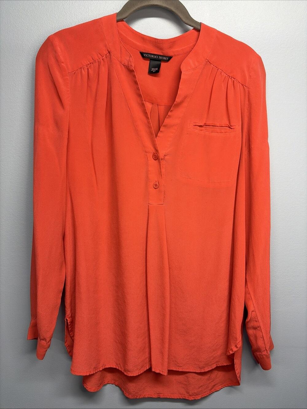 Victoria's Secret Long Sleeve Top 100% Silk - Size Small V-neck - Orange/Salmon